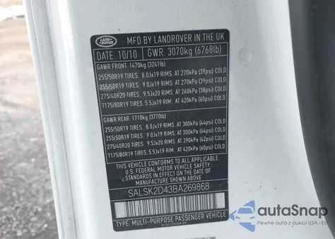 2011 Land Rover Range Rover Sport Hse from USA, damaged, VIN SALSK2D43BA269868